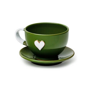 Šálka s tanierikom mini zelená srdce biele