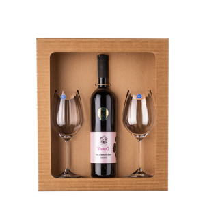 Darčekový set – víno z čiernych ríbezlí 0,75 l Pereg + 2 ks poháre Optima Glas Lunasol